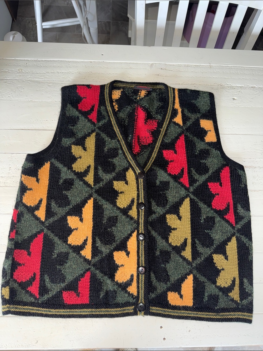 Vintage MINKHA Hand Knit 100% Alpaca Wool Leaf Pattern Sweater Vest  Multicolor